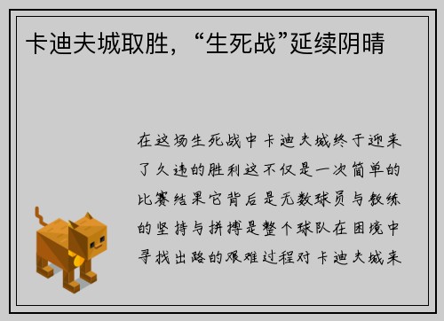 卡迪夫城取胜，“生死战”延续阴晴
