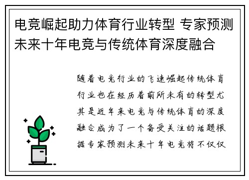 电竞崛起助力体育行业转型 专家预测未来十年电竞与传统体育深度融合