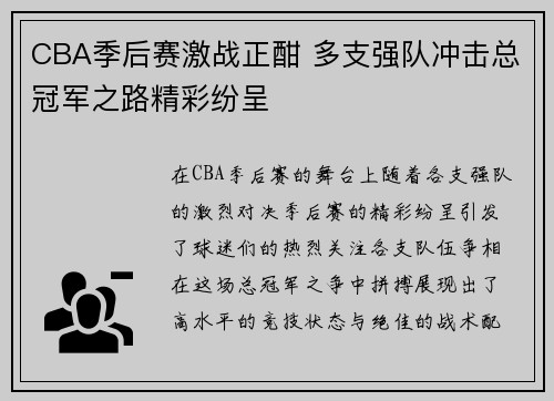 CBA季后赛激战正酣 多支强队冲击总冠军之路精彩纷呈