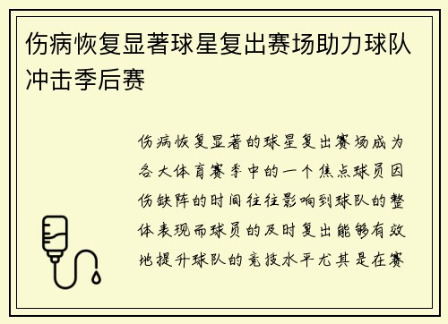 伤病恢复显著球星复出赛场助力球队冲击季后赛